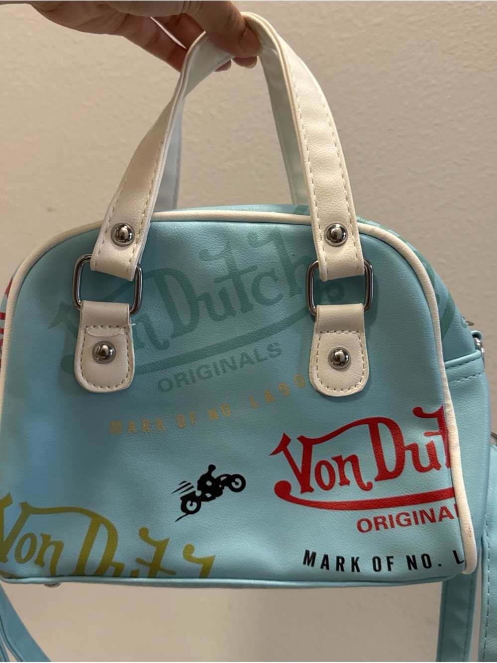 Von Dutch Light Blue Mini Satchel with White Handles and Red Logo
